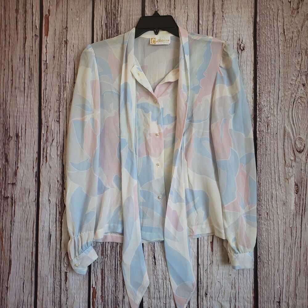 Vintage Collegian Pastel Blouse Neck Bow Bishop Sleeves 70s Semi-Sheer Small